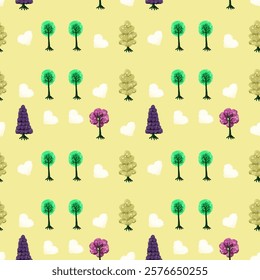 Seamless Pattern of Colorful Trees and Clouds