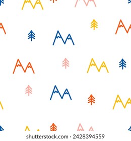 Seamless pattern with colorful trees and mountains