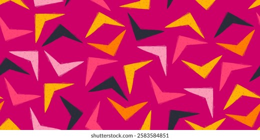Seamless Pattern with Colorful Triangle Shapes. Retro geometric wallpaper. Pencil naive cartoon drawings with hand drawn texture, modern background with freehand design
