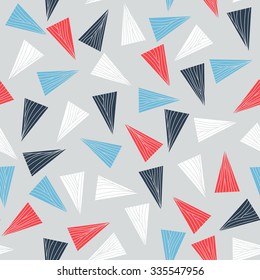 Seamless pattern with colorful triangles. Abstract texture with triangles and hand drawn elements. Contrast puzzle background for decoration or backdrop. Unstable endless composition.