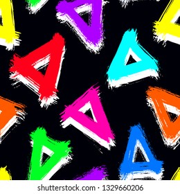 Seamless pattern with colorful triangles isolated on black background. Hand drawn wallpaper.