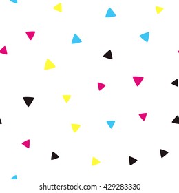 Seamless pattern with colorful triangles on a white background. Vector repeating texture.