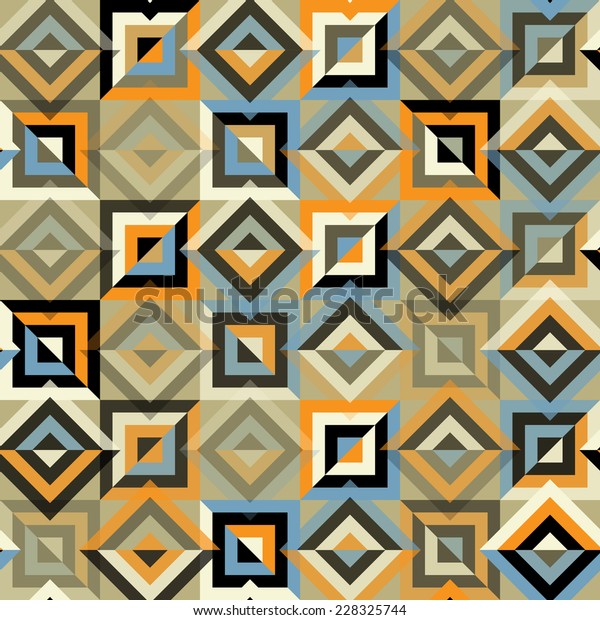 Seamless pattern with colorful triangles and\
rhombuses divided\
diagonally.