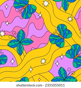 Seamless pattern with colorful trippy butterflies, stars and wavy shapes. Groovy psychedelic vector background.