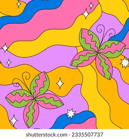 Seamless pattern with colorful trippy butterflies, stars and waves. Groovy psychedelic vector wavy background.