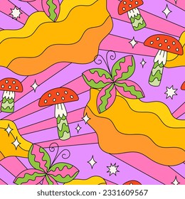 Seamless pattern with colorful trippy mushrooms and butterflies. Groovy psychedelic wavy vector background. Retro hippie 1970 style