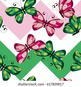 seamless pattern with colorful tropical butterflies on geometric background