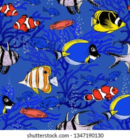 Seamless pattern with colorful tropical fishes and corals. Hand drawn vector on blue background.