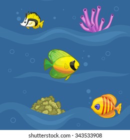 Seamless pattern with colorful tropical fishes in underwater world, vector image, eps10