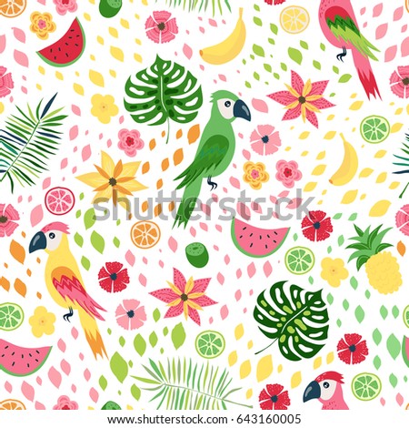 Seamless pattern with colorful tropical flowers, leaves, plants,fruits and birds. Hand drawn jungle paradise background perfect for textile and scrapbooking