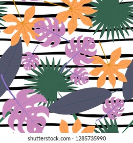 Seamless pattern with colorful tropical leaves on striped background. Vector illustration.