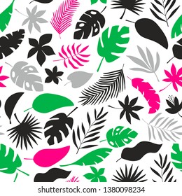 Seamless pattern with colorful tropical leaves and flowers. Vector endless background.