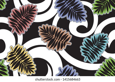 seamless pattern colorful tropical leaves with spiral on black background