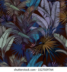 Seamless pattern with colorful tropical leaves on dark background. Hand drawn vector illustration.