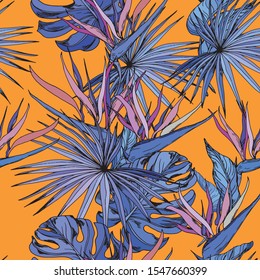 Seamless pattern with colorful tropical leaves and exotic strelitzia flowers. Bird of Paradise flowers. Hand drawn vector illustration on orange background.