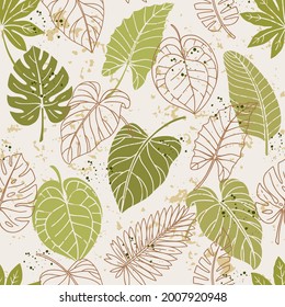 Seamless pattern with colorful tropical leaves on background. Template design for textiles, interior, clothes, wallpaper. Vector illustration.