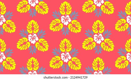 Seamless pattern with colorful tropical leaves and flowers. Endless backdrop with exotic ornament.