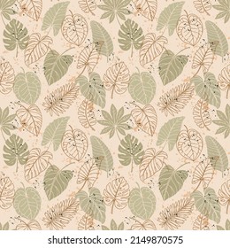 Patrón sin foco con hojas tropicales coloridas sobre el fondo. Diseño de plantilla para textiles, interiores, ropa, papel pintado. Ilustración vectorial.