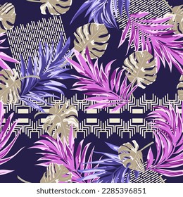 Seamless pattern with colorful tropical leaves and geometric ornament. Design for cloth, wallpaper, gift wrapping. Print for silk, calico and home textiles.