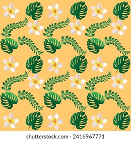 Patrón sin foco con hojas tropicales coloridas y flores de hibisco sobre un fondo naranja brillante. Patrón veloz. Diseño de tela textil en papel pintado.