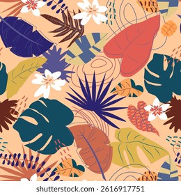 Seamless pattern with colorful tropical leaves. Summer exotic plants and flowers ornament. Boho foliage botanical design. Modern jungle collage wallpaper. Trendy Hawaii print. Flat vector illustration