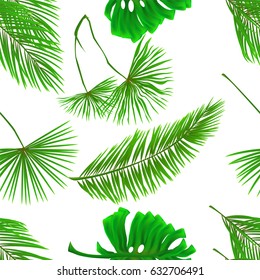 Seamless pattern of colorful tropical leaves on white background. Greeting cards, wallpapers, flyers and banners jungle concept. Colorful realistic style. Vector illustration. EPS 10.