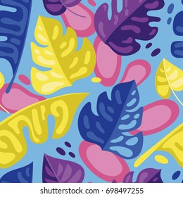 seamless pattern with colorful tropical leaves in flat style, funky colors, vector illustration