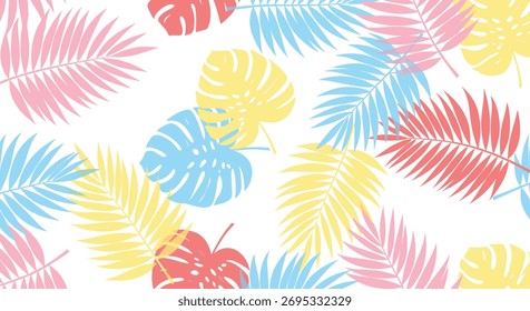 Padrão contínuo com palma tropical colorida e folhas de monstera em um fundo branco, perfeito para projetos de verão.