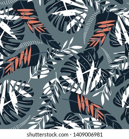 Seamless pattern with colorful tropical plants on dark background. Vector design. Jungle print. Floral background.