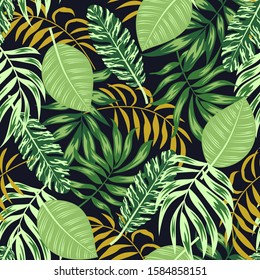 Seamless pattern with colorful tropical plants and leaves on dark background. Exotic wallpaper, Hawaiian style. Jungle leaves. Botanical pattern. Vector background for various surface. 
