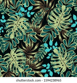 Seamless pattern with colorful tropical plants and leaves on dark background. Exotic wallpaper, Hawaiian style. Jungle leaves. Botanical pattern. Vector background for various surface.