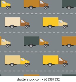 Seamless pattern with colorful trucks in flat style on the road