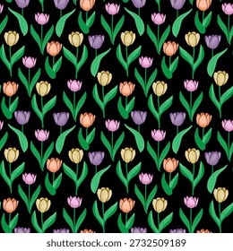 Modelo inconsútil de los tulipanes coloridos en estilo de la ilustración de la historieta, para el diseño textil, el Fondo de pantalla o los medios impresos