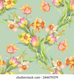 Seamless pattern with colorful tulips and daffodils on green background vector illustration