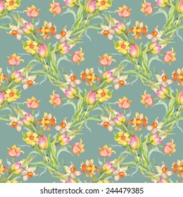 Seamless pattern with colorful tulips and daffodils on green background vector illustration