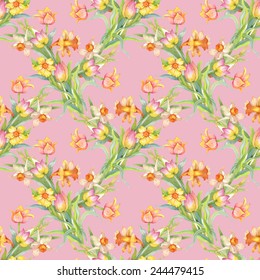 Patrón sin fisuras con tulipanes y narcisos coloridos sobre fondo rosa Ilustración vectorial