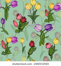 Seamless pattern of colorful tulips. Drawn, highly realistic, vector, spring flowers for fabric, prints, decorations, invitation cards.