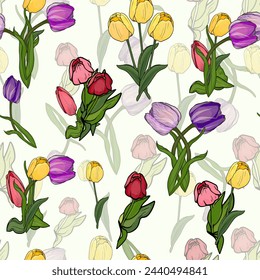 Seamless pattern of colorful tulips. Drawn, highly realistic, vector, spring flowers for fabric, prints, decorations, invitation cards.