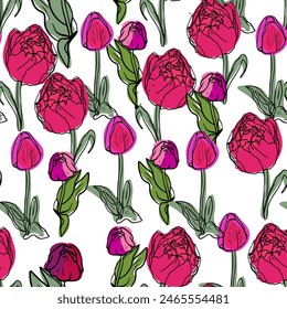 Seamless pattern of colorful tulips. Drawn, highly realistic, vector, spring flowers for fabric, prints, decorations, invitation cards.