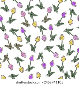 Seamless pattern of colorful tulips. Drawn, highly realistic, vector, spring flowers for fabric, prints, decorations, invitation cards.