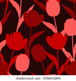 Nahtloses Muster mit bunten Tulpen auf dunklem Hintergrund