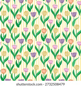 Modelo inconsútil de los tulipanes coloridos con el fondo rayado, diseño para la materia textil, el Fondo de pantalla o los medios impresos