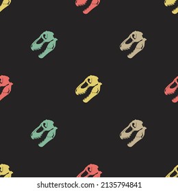 Seamless pattern of colorful tyrannosaur skull with retro style