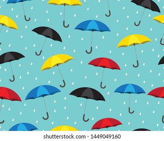  Seamless pattern of colorful umbrella with drops raining on blue background - Vector illustration