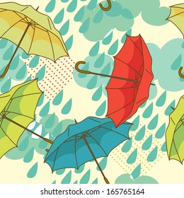 seamless pattern with colorful umbrellas and clouds, vector illustration