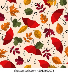 Seamless pattern with colorful umbrellas, leaves, black contour rain drops on beige background. Vector