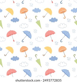 Seamless pattern with colorful umbrellas, raindrops and clouds. Vector pattern in flat style. Perfect for background, textile, wrapping paper, banner.