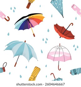Seamless pattern with colorful umbrellas and raindrops. Cute seasonal design for rainy spring days. Decorative umbrella background. Flat vector illustration. Isolated on white background.