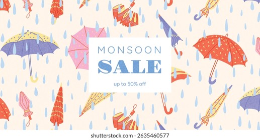 Seamless Pattern of Colorful Umbrellas and Raindrops with Monsoon Sale Text in Center Frame. Hand Drawn Flat Vector Illustration for Seasonal Poster, Discount Promotion or Background.