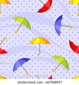 Seamless pattern with colorful umbrellas and raindrops